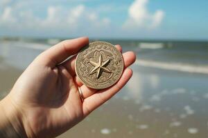 das Aufregung von finden ein Sand Dollar foto