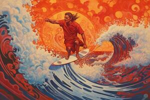 das Nervenkitzel von Reiten das Wellen auf ein Surfbrett foto