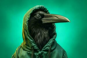 ein schwarz Vogel tragen ein Kapuzenpullover mit ein Grün Hintergrund foto