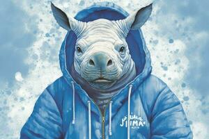 ein Blau Nashorn mit ein Kapuzenpullover Das sagtsim ein Nashorn foto