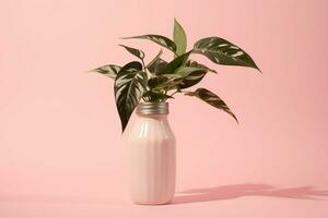 ein Flasche von Milch Nächster zu ein Pflanze auf ein Rosa Hintergrund foto