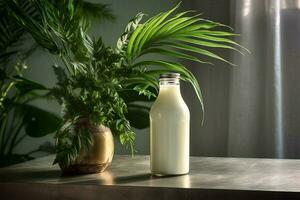 ein Flasche von Milch mit ein Metall Deckel steht auf ein Tab foto