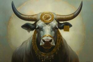 ein Stier mit ein Gold Ring auf es ist Hörner ist gezeigt im foto