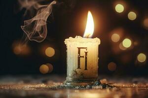 ein Kerze im Vorderseite von ein Feuer mit das Wort Feuer auf foto