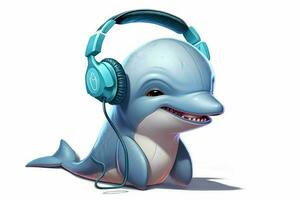 ein Karikatur Delfin mit ein Kopfhörer auf seine Kopf foto