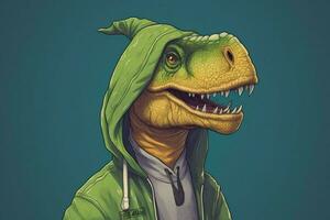 ein Karikatur Illustration von ein Dinosaurier mit ein Kapuzenpullover foto