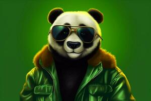 ein Karikatur Panda mit ein Grün Jacke und Sonnenbrille foto