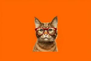 ein Katze mit Brille auf und ein Orange Hintergrund foto