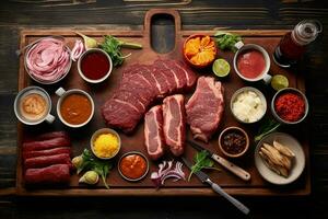 ein Schneiden Tafel mit Fleisch und Saucen auf es foto