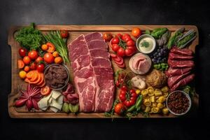 ein Schneiden Tafel mit Fleisch und Gemüse auf es foto