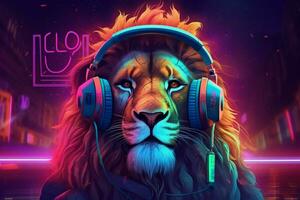 ein Digital Kunst von ein Löwe mit Kopfhörer und ein Neo foto