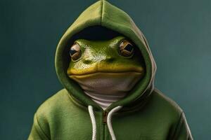 ein Frosch im ein Kapuzenpullover mit ein Kapuzenpullover Das sagtfrogon foto