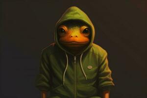 ein Frosch im ein Kapuzenpullover mit ein Kapuzenpullover Das sagtfrogon foto