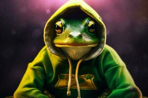 ein Frosch im ein Kapuzenpullover mit ein Kapuzenpullover Das sagtfrogon foto