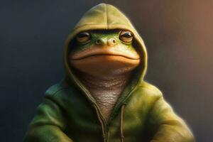 ein Frosch im ein Kapuzenpullover mit ein Kapuzenpullover Das sagtfrogon foto