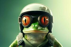 ein Frosch mit ein Helm und Brille Das sagt der her foto