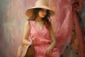 ein Mädchen im ein Rosa Kleid mit ein Hut und ein Tasche foto