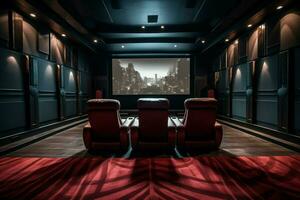 ein Zuhause Theater mit ein rot Stuhl und ein groß Bildschirm foto