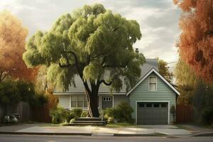 ein Haus mit ein Garage und ein Baum im das Hintergrund foto