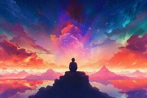 ein Mann meditieren im Vorderseite von ein bunt Himmel foto