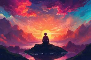 ein Mann meditieren im Vorderseite von ein bunt Himmel foto