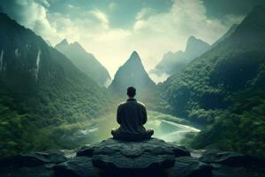 ein Mann meditieren im Vorderseite von ein Berg Landschaft foto