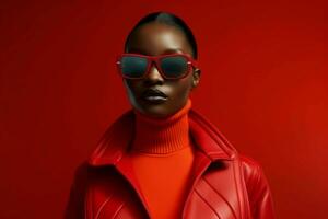 ein Modell- trägt Sonnenbrille mit rot Frames und ein Re foto