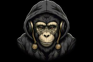 ein Affe im ein Kapuzenpullover und Kapuzenpullover mit ein Logo auf es foto
