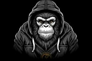 ein Affe im ein Kapuzenpullover und Kapuzenpullover mit ein Logo auf es foto