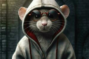 ein Maus im ein Kapuzenpullover mit ein Kapuzenpullover und Brille foto