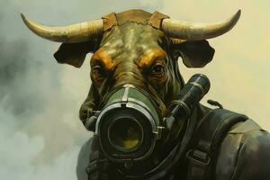 ein Gemälde von ein Stier mit ein Gas Maske auf es foto