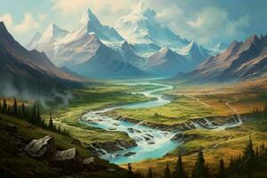 ein Gemälde von ein Berg Landschaft mit ein Fluss flo foto