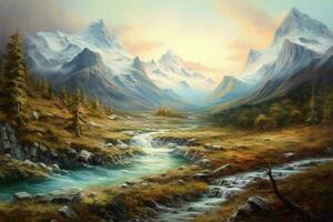 ein Gemälde von ein Berg Landschaft mit ein Fluss f foto