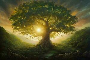 ein Gemälde von ein Baum mit das Sonne leuchtenden auf es foto