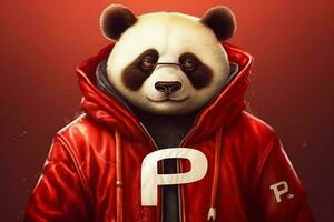 ein Panda mit ein rot Jacke und ein Kapuzenpullover Das sagtsp foto