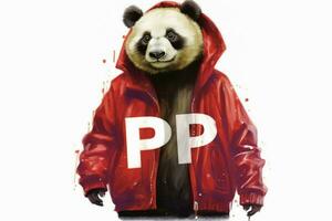 ein Panda mit ein rot Jacke und ein Kapuzenpullover Das sagtsp foto