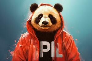 ein Panda mit ein rot Jacke und ein Kapuzenpullover Das sagtsp foto