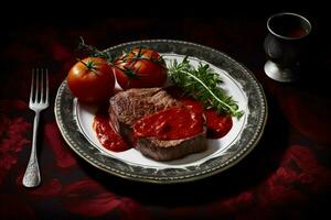 ein Teller von Steaks mit Tomate Soße auf das Seite foto