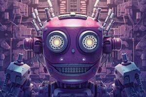 ein lila Poster mit ein Roboter Kopf und das Wort ro foto