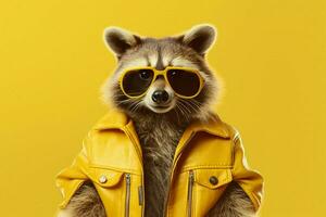 ein Waschbär tragen ein Gelb Jacke und Sonnenbrille foto