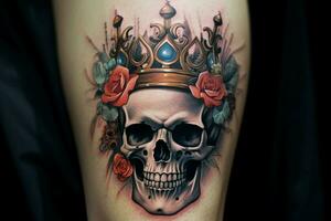 ein Schädel mit ein Krone und ein Blume auf es foto
