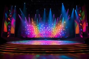 ein Bühne mit ein Bühne zündete oben mit bunt Beleuchtung foto