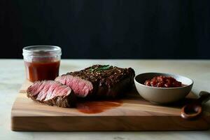 ein Steak auf ein Schneiden Tafel mit ein Schüssel von Tomate foto