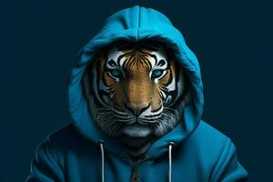 ein Tiger im ein Kapuzenpullover mit ein Blau Kapuzenpullover foto