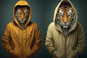 ein Tiger mit ein Kapuzenpullover und ein Kapuzenpullover foto