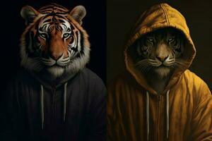 ein Tiger mit ein Kapuzenpullover und ein Kapuzenpullover foto