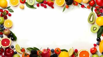 ein Bild Rahmen gemacht oben von Früchte und Gemüse auf Weiß Hintergrund, beschwingt Farbe, Minimalismus Stil, ai generiert foto