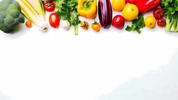 ai generiert Bild von ein Bild Rahmen gemacht oben von Früchte und Gemüse auf Weiß Hintergrund. foto