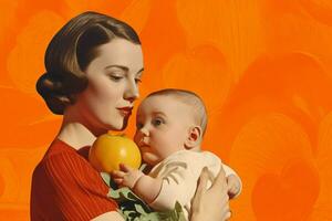 ein Frau halten ein Baby im Vorderseite von ein Orange Hintergrund foto