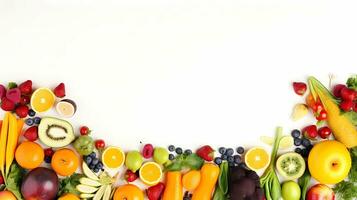 ai generiert Bild von ein Bild Rahmen gemacht oben von Früchte und Gemüse auf Weiß Hintergrund. foto